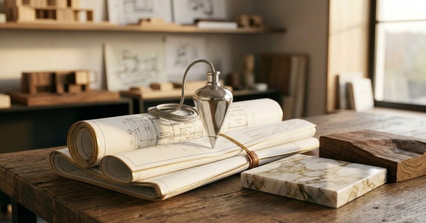 Silver plumb bob resting on rolled architectural blueprints beside marble and wood material samples in a design studio.