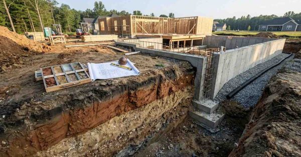 Foundation excavation showing soil profile layers, retaining wall construction, drainage installation, and residential framing in progress