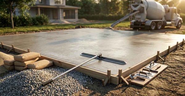 Freshly poured concrete slab foundation with finishing tools, construction materials, and a cement mixer truck at a residential building site.