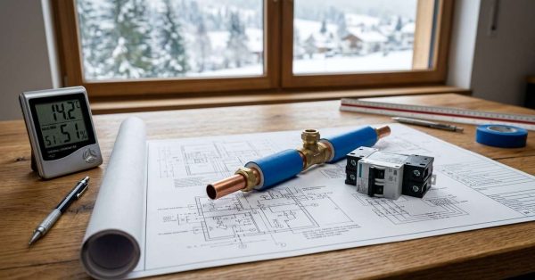 Cold-climate home MEP design plans with insulated plumbing, electrical breaker, humidity monitor, and construction blueprints beside a snowy window.
