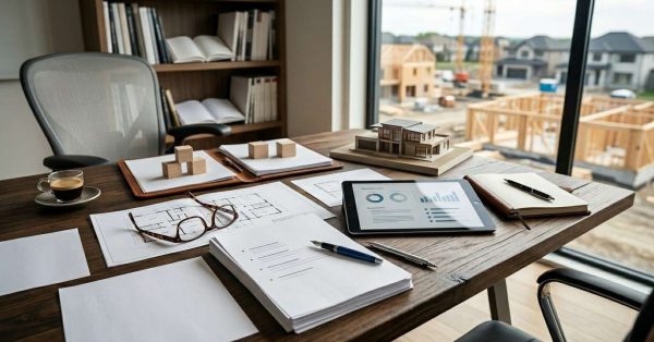 Construction planning workspace with blueprints, reports, and a tablet overlooking a residential development site.