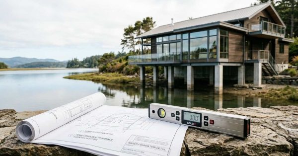Construction plans and a digital level in the foreground with an elevated waterfront home on pilings, illustrating flood-zone building requirements and foundation planning.