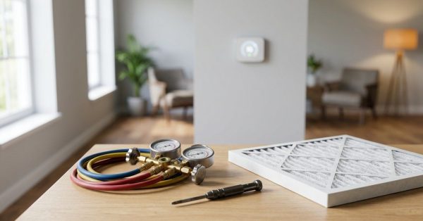 HVAC service gauges, screwdriver, and air filter on a table inside a modern home.