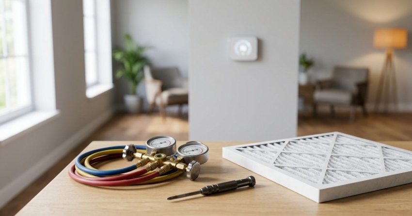 HVAC service gauges, screwdriver, and air filter on a table inside a modern home.