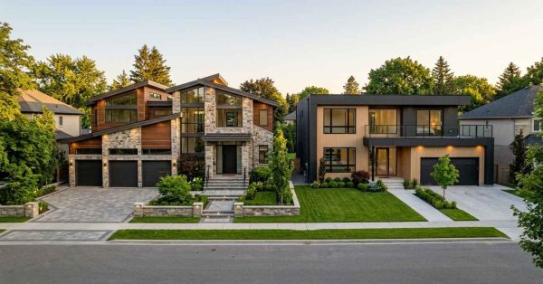Two modern luxury custom homes with landscaped front yards in a suburban neighborhood.