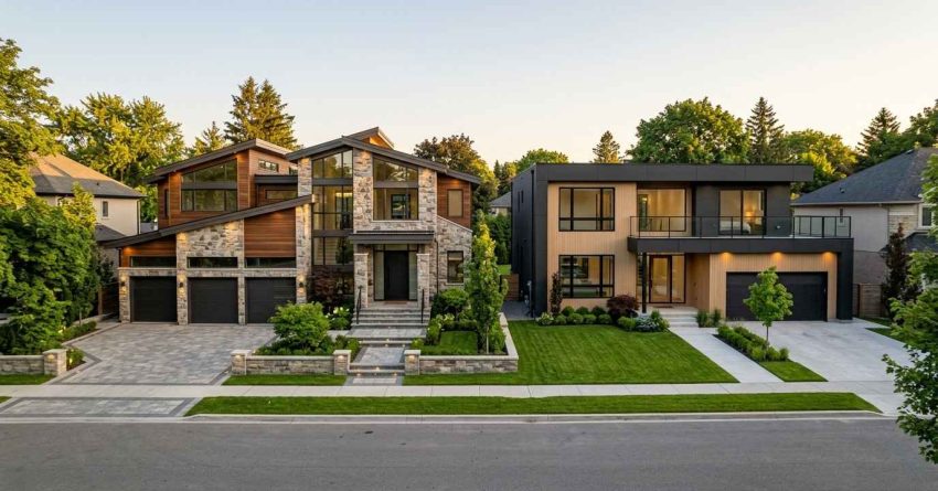 Two modern luxury custom homes with landscaped front yards in a suburban neighborhood.