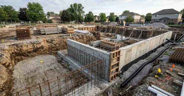 Residential foundation construction with concrete basement walls, drainage installation, excavation, and structural reinforcement in progress