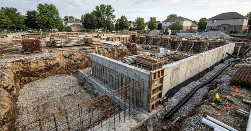 Residential foundation construction with concrete basement walls, drainage installation, excavation, and structural reinforcement in progress