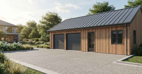 Modern detached garage with wood siding, a standing seam metal roof, two black garage doors, and a spacious concrete driveway surrounded by landscaped greenery.