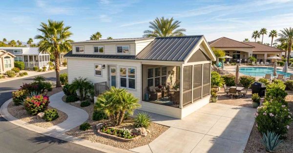 Park model home with screened porch, desert landscaping, and resort-style pool amenities nearby.