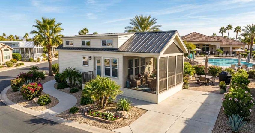 Park model home with screened porch, desert landscaping, and resort-style pool amenities nearby.
