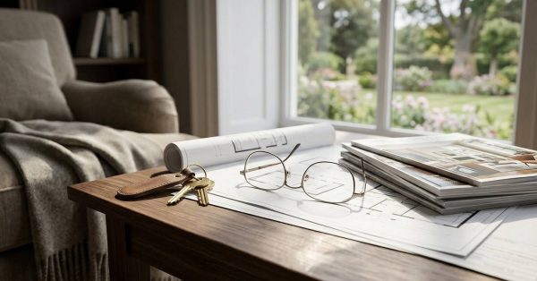 House plans, home design magazines, eyeglasses, and house keys on a table beside a comfortable chair, representing thoughtful home buying and retirement planning.