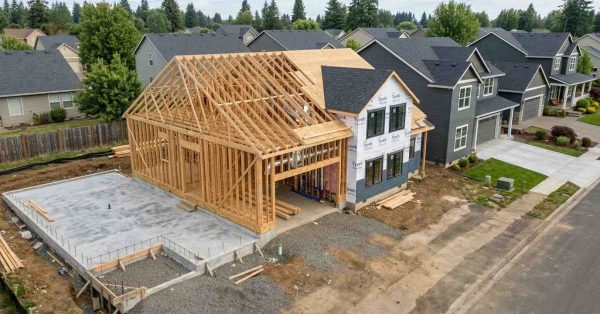 House under construction showing foundation, framing, and exterior progress in a residential neighborhood.