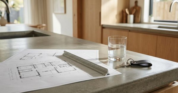 Floor plans, an architect's scale ruler, and a house key on a modern kitchen island, representing home design, planning, and new home ownership.