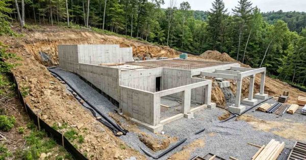 Concrete hillside home foundation with retaining walls, structural columns, and drainage systems under construction