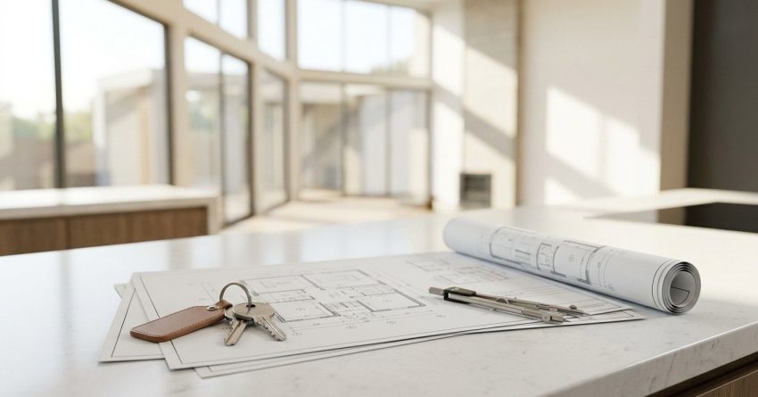 Architectural plans, drafting tools, and house keys placed on a kitchen island in a modern home, representing home design, construction planning, and project completion.