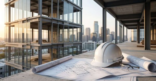 Hard hat and architectural plans on a high-rise construction site with a city skyline in the background.
