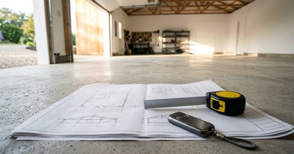 Blueprints, a tape measure, and a garage door remote on a concrete garage floor, representing garage planning, construction, and renovation preparation.