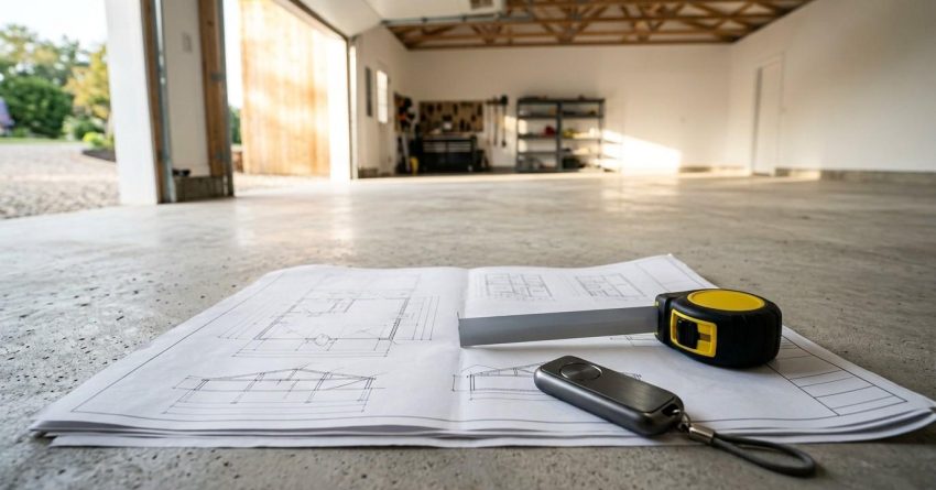 Blueprints, a tape measure, and a garage door remote on a concrete garage floor, representing garage planning, construction, and renovation preparation.