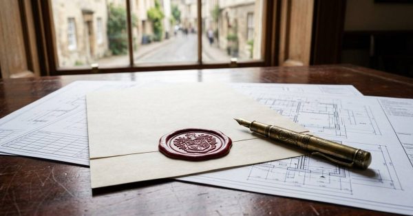 Sealed approval document and fountain pen resting on architectural blueprints near a window.