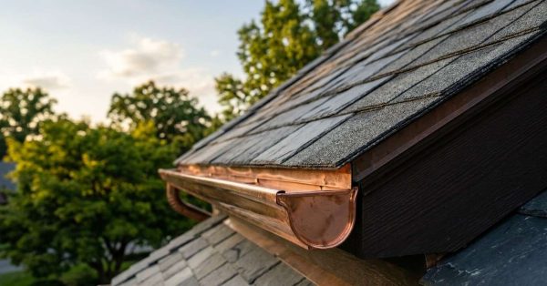 Close-up of a copper gutter on a sloped roof, surrounded by green trees under a clear sky during sunset.