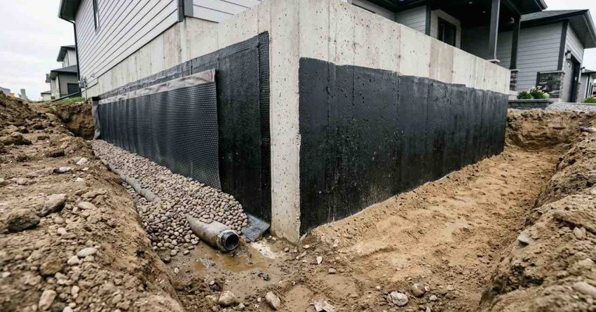 Foundation waterproofing system with drainage membrane, perimeter drain tile, and gravel backfill around concrete basement wall