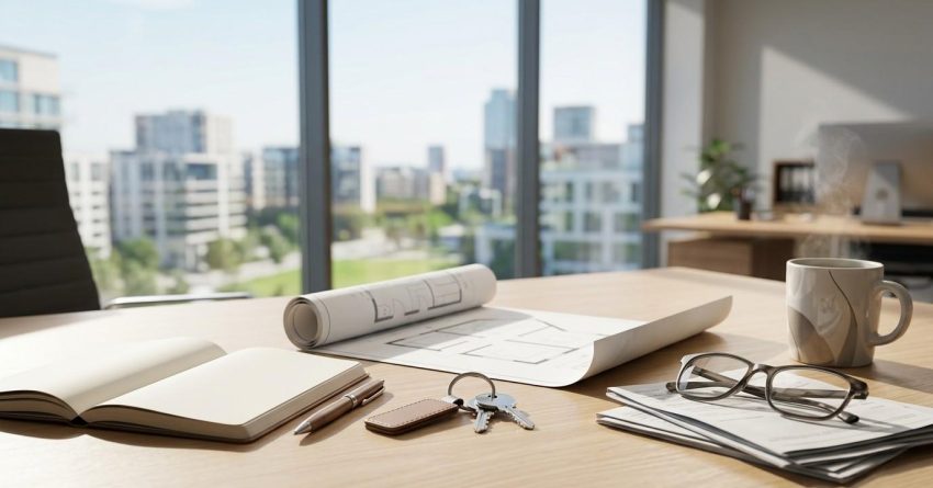 Home buying workspace with house plans, notebook, keys, eyeglasses, and a coffee mug on a desk overlooking a city skyline, representing real estate planning and property decisions.