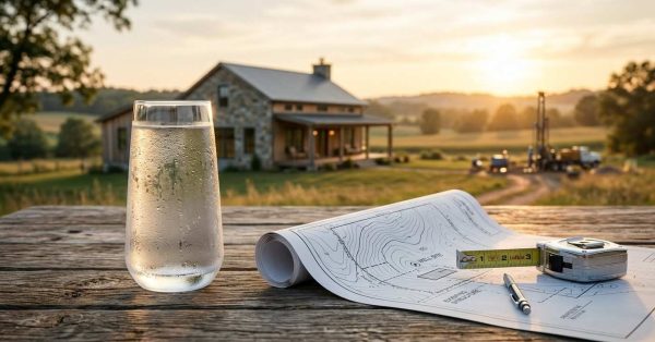 Water well site planning documents, measuring tools, and a glass of water on a table overlooking a rural home and drilling site at sunset.