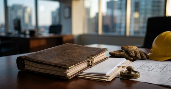 Construction licensing and compliance documents with a hard hat and blueprints on an office desk.