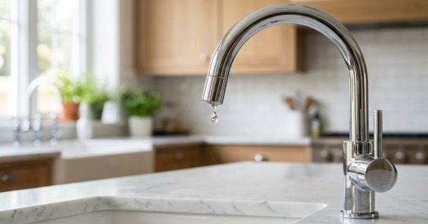 Modern chrome kitchen faucet with a water droplet above a marble countertop.