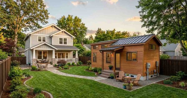 Park model home ADU in a landscaped backyard beside a larger main house.