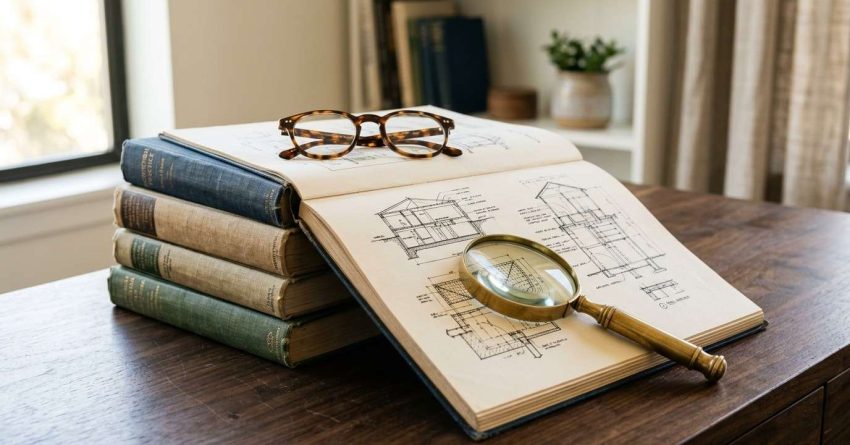 Architecture books and plans with a magnifying glass.