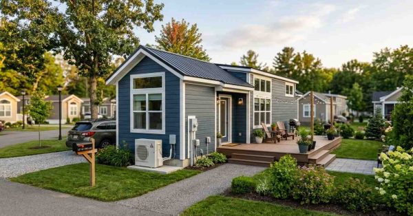 Blue park model home with a front deck, landscaped yard, and community-style neighborhood setting.