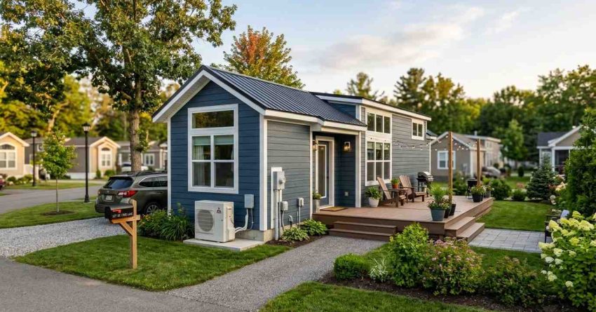 Blue park model home with a front deck, landscaped yard, and community-style neighborhood setting.