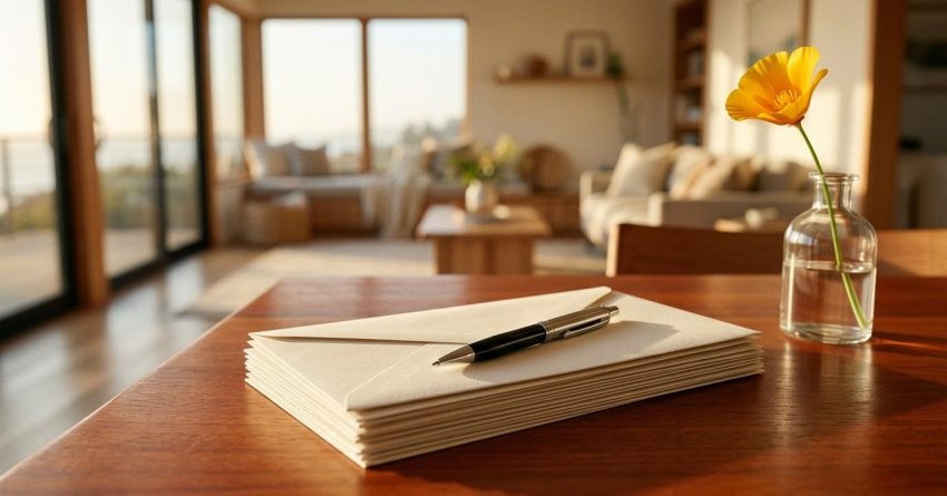 Sealed envelopes, a pen, and a California poppy in a glass vase on a wooden table inside a bright modern home, symbolizing correspondence and homeownership.