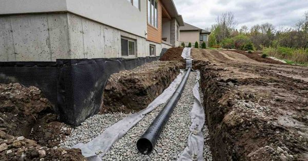 Residential foundation drainage installation with perforated drain pipe, gravel trench, geotextile fabric, and waterproofed basement wall