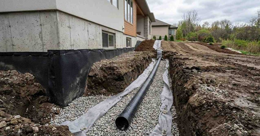Residential foundation drainage installation with perforated drain pipe, gravel trench, geotextile fabric, and waterproofed basement wall