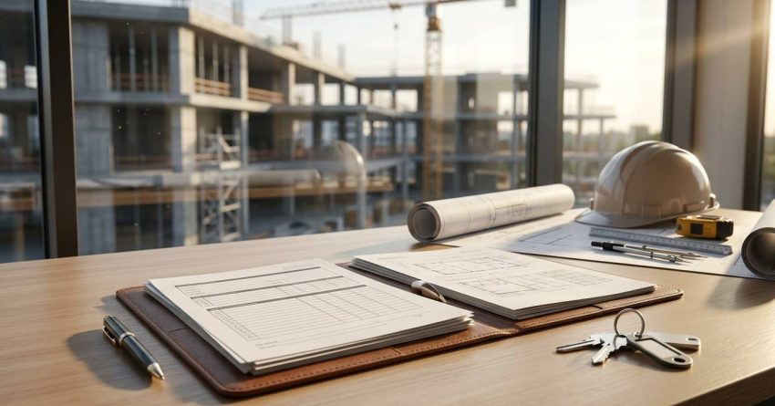 Construction insurance and project documents on a desk overlooking an active building site.