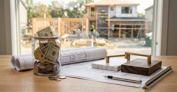 Savings jar, home plans, and material samples on a table with a house under construction in the background.