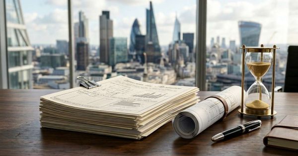 Stack of permit documents, rolled blueprints, and an hourglass on a desk overlooking a city skyline, symbolizing project planning and approval timelines.