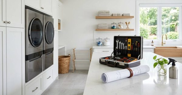Bright modern laundry room with stacked stainless steel washer and dryer units, an open toolbox on a white countertop, rolled construction blueprints, cleaning supplies, and large windows providing natural daylight.