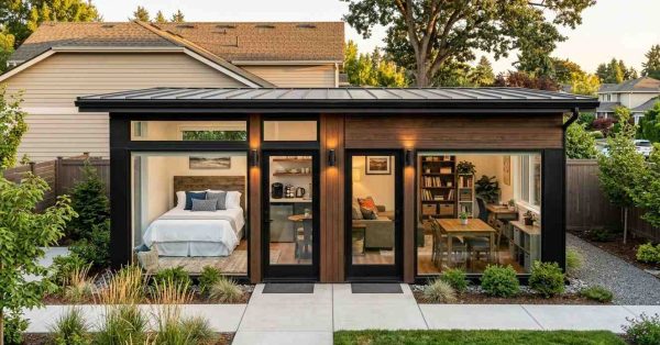Modern backyard ADU with floor-to-ceiling windows showcasing a bedroom, kitchenette, living area, and dining space.
