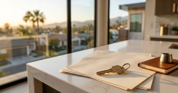 House key resting on home purchase documents beside a notebook on a kitchen island with a neighborhood view, representing California homebuyer assistance and homeownership planning.