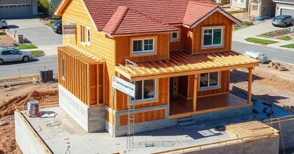 New custom home under construction showing foundation, framing, electrical, plumbing, HVAC, insulation, roofing, and final finishing stages prepared for professional building inspections.