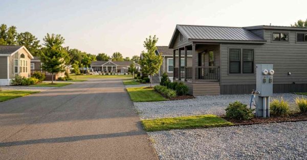 Park model home in a planned community with paved streets, landscaped lots, and neighboring homes.