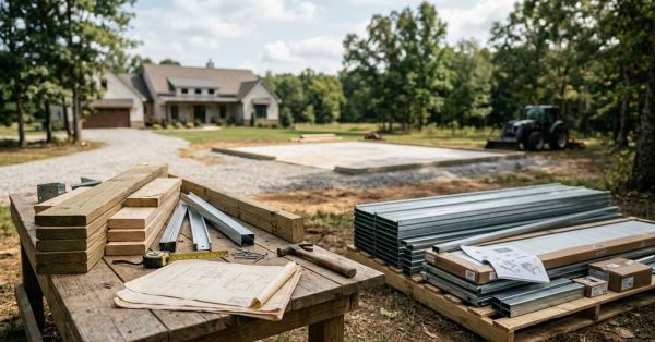 Garage construction site with lumber, steel framing, blueprints, tools, and a newly poured concrete slab beside a completed home, illustrating garage building preparation.