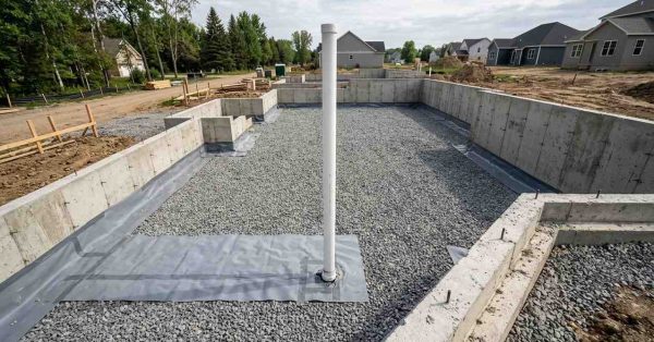 Residential basement foundation prepared with gravel base, vapor barrier, and plumbing rough-in before concrete slab installation