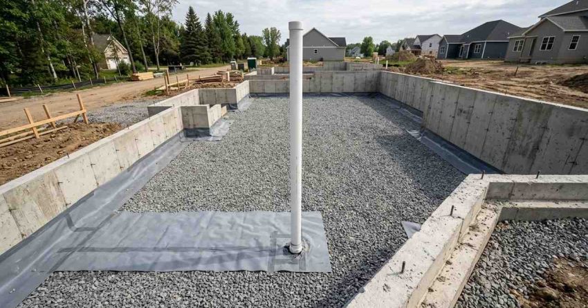 Residential basement foundation prepared with gravel base, vapor barrier, and plumbing rough-in before concrete slab installation