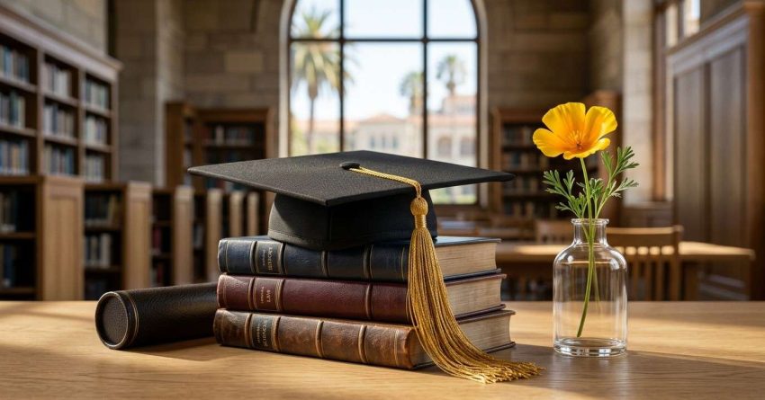 Graduation cap resting on stacked books beside a California poppy in a library, symbolizing academic achievement, higher education, and graduation success.