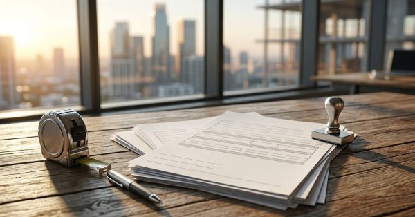 Construction insurance and project documents on a desk overlooking an active building site.